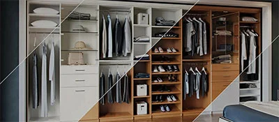 Modern custom closet with mixed wood and white cabinets for organized storage