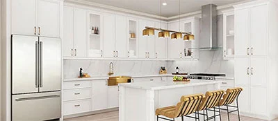 Modern white kitchen with shaker-style cabinets and gold hardware