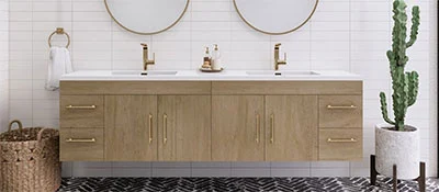 Modern wood bathroom vanity with double sinks and round mirrors